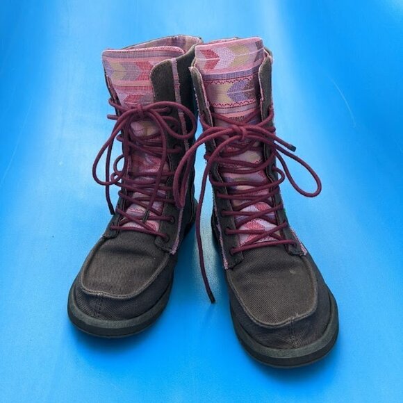 Sanuk Pink Fleece Lined Brown Canvas Lace-Up Boots US Size 5 - Picture 2 of 6